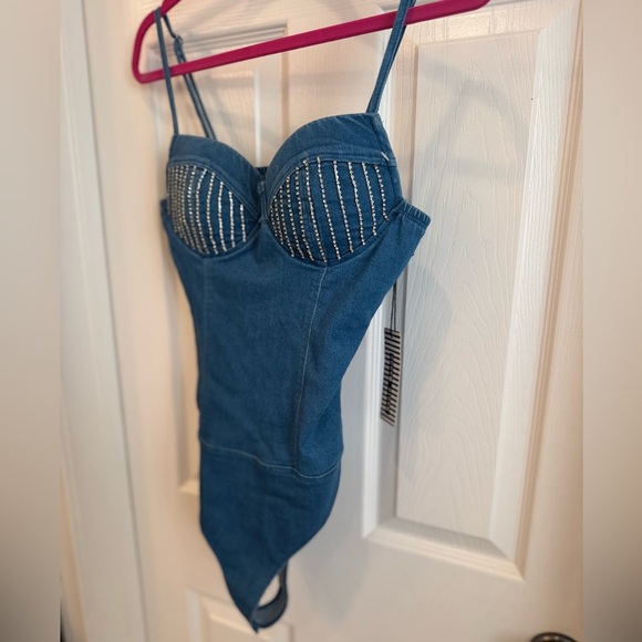 NWT Blue Denim Bodysuit with Beaded Detail - Picture 2 of 8